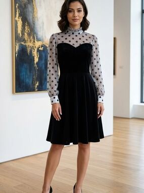 Vintage Polka Dot Mesh Yoke Black Fit-and-Flare Dress